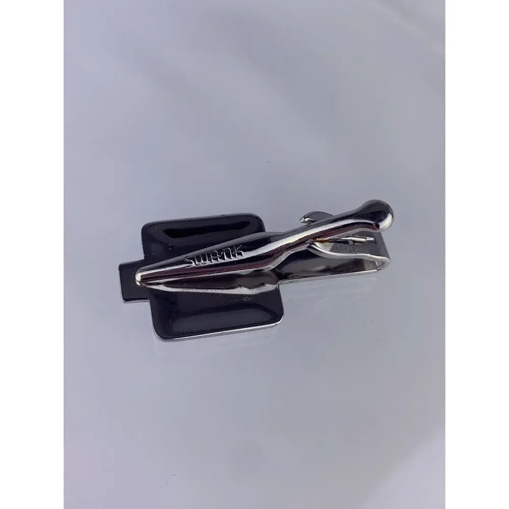O Initial White Gold Plated Tie Clip Bar Swoops Scrolls Swank Vintage